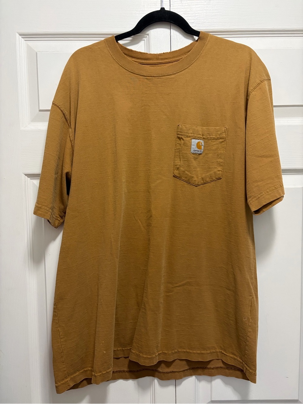 Carhartt Men's Short Sleeve Pocket T-Shirt in Carhartt Brown work shirt flaws